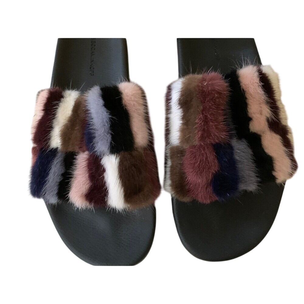 Rebecca Minkoff Slide Sandals Womens 10 Multi Color Faux Fur‎ Striped Plush - Picture 2 of 8